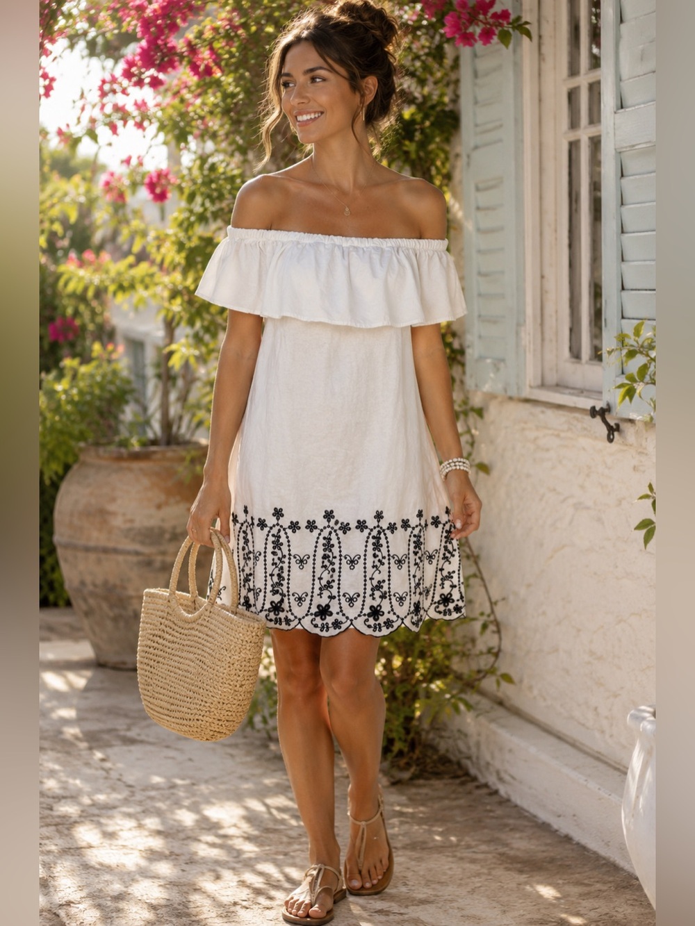 Old Navy Linen Blend Embroidered Eyelet Off the Shoulder White & Navy Dress XS